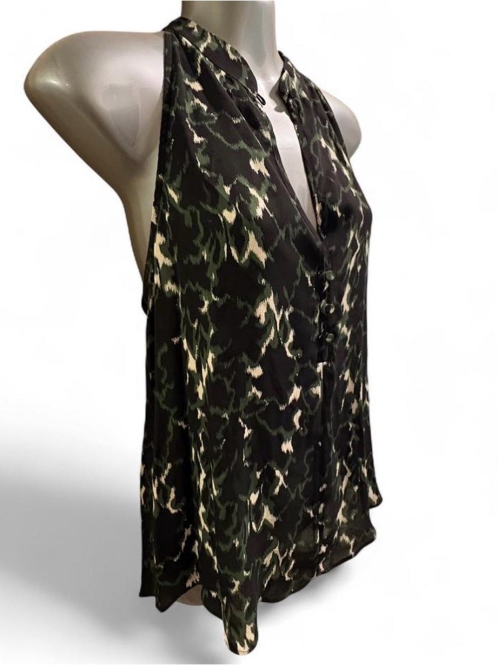 A.L.C. Silk Sleeveless V-Neck Printed Blouse - Black & Olive